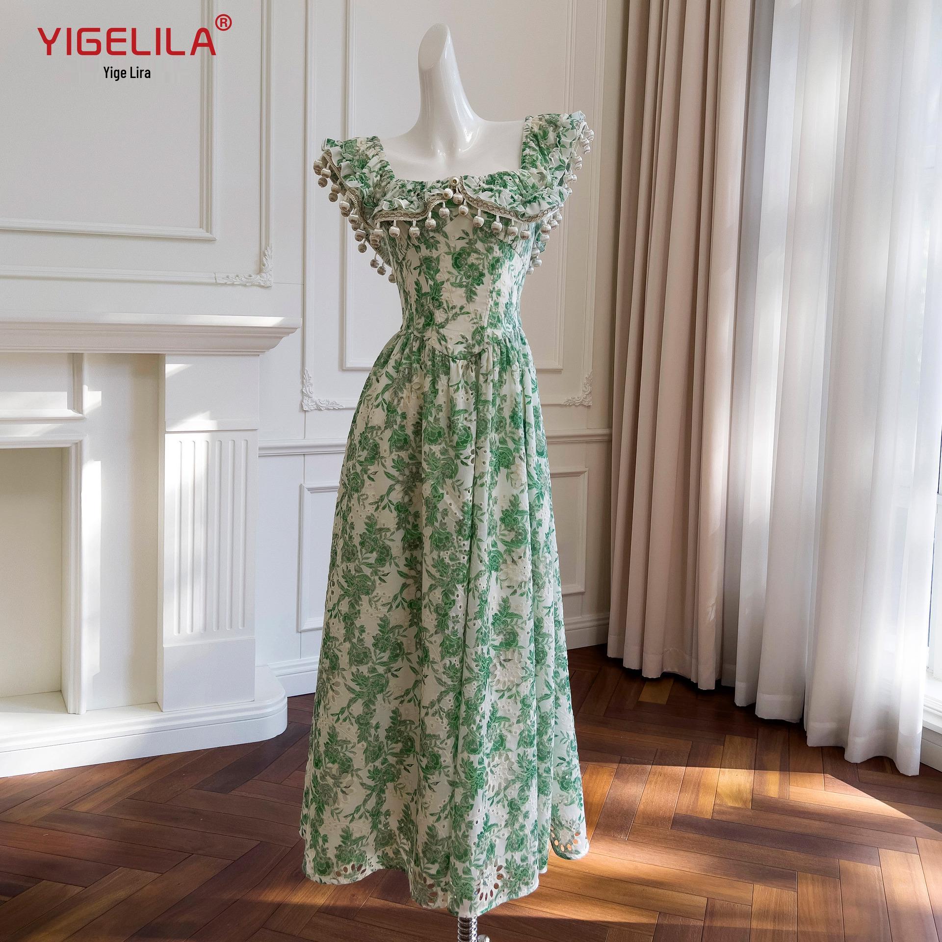 Girlish Retro Ruffled Floral Tea Break Dress with French Square Neck and Flutter Sleeves S цветочный/зелёный