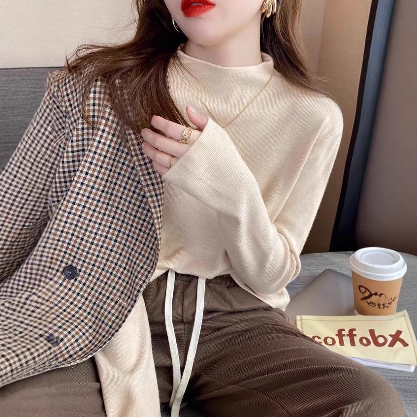 Women's 2024 Black Mock Neck Sweater: Base Layer for Spring & Autumn, Loose Half-High Neck Top.