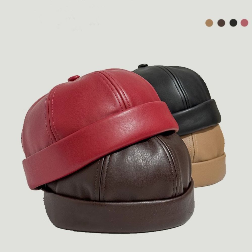 PU Leather Brimless Hat Retro Melon Skin Caps High Quality Docker Cap  Autumn Winter
