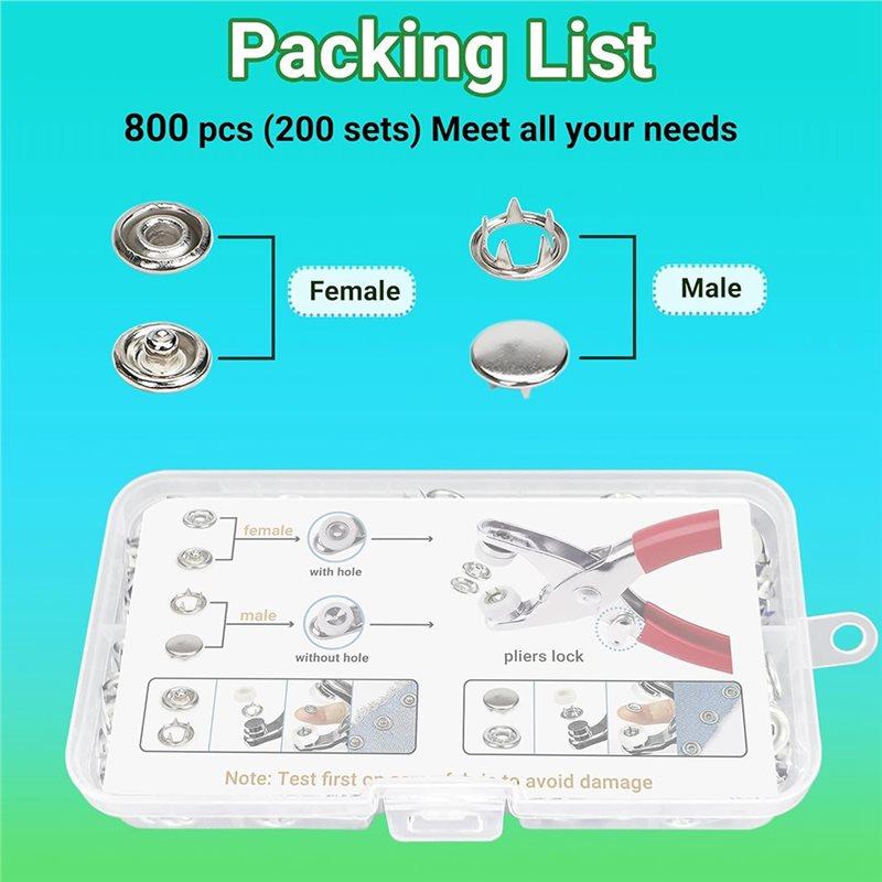 ABWR-Sewing Snaps In 10 Colors Metal For Fabric Solid With Fastener Pliers Tool Kit For DIY Craft Clothing Projects