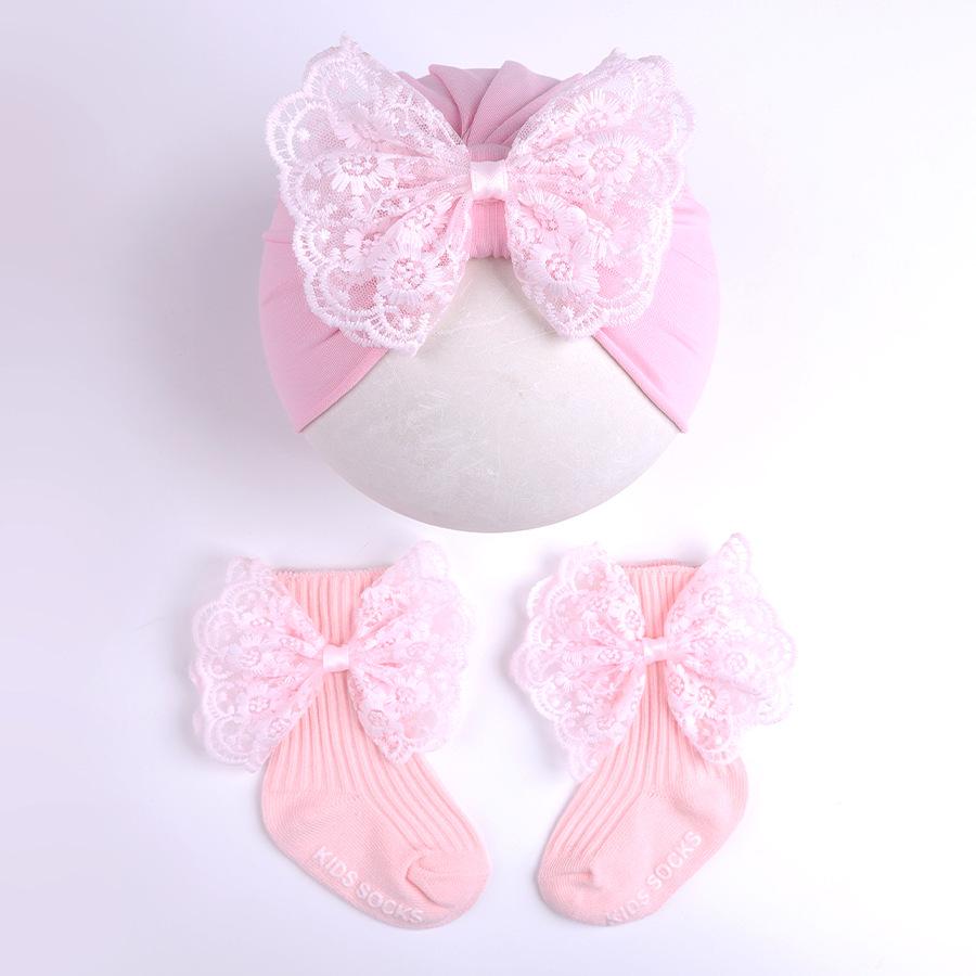 Pure Cotton Baby Girl Hat & Sock Set - Breathable Lace Trim with Bow, Perfect for Spring & Autumn. Super Cute!