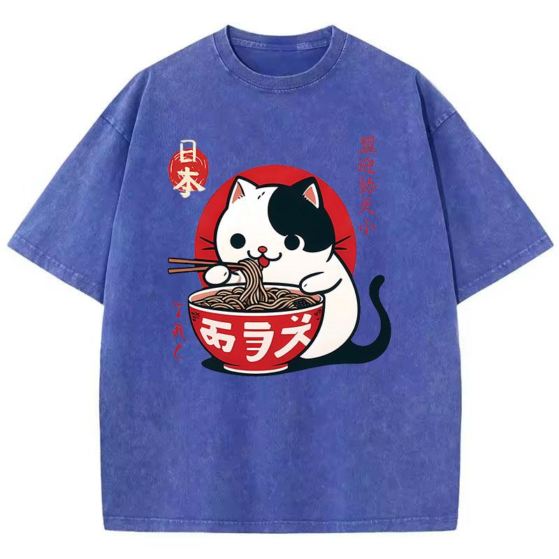 Harajuku Washed T Shirt Cotton T-Shirt Japanese Cat Eat Ramen Funny Graphic Tee Casual Streetwear Spring Summer