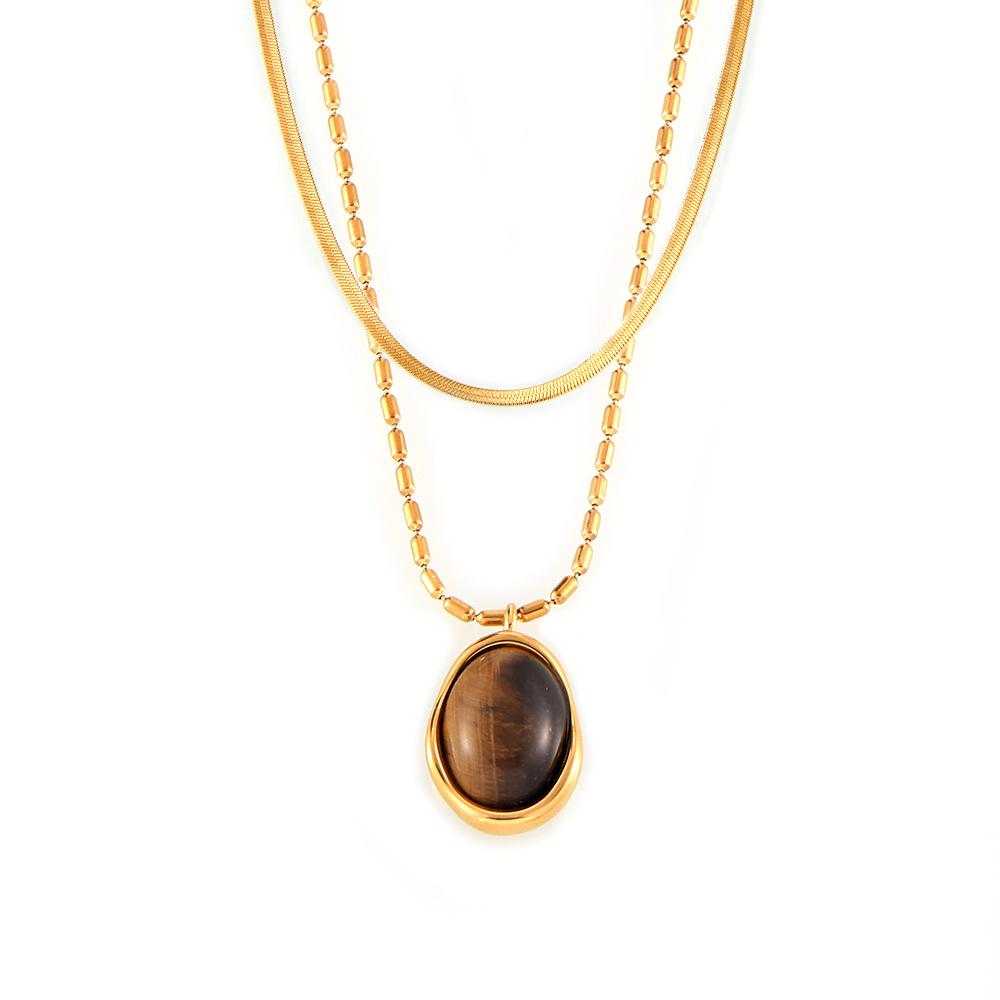 Wind Oval Tiger'S Eye Stone Pendant Blade Rice Bead Collarbone Chain Women'S Double-Layer Stacking Design Titanium Steel Gold-Plated