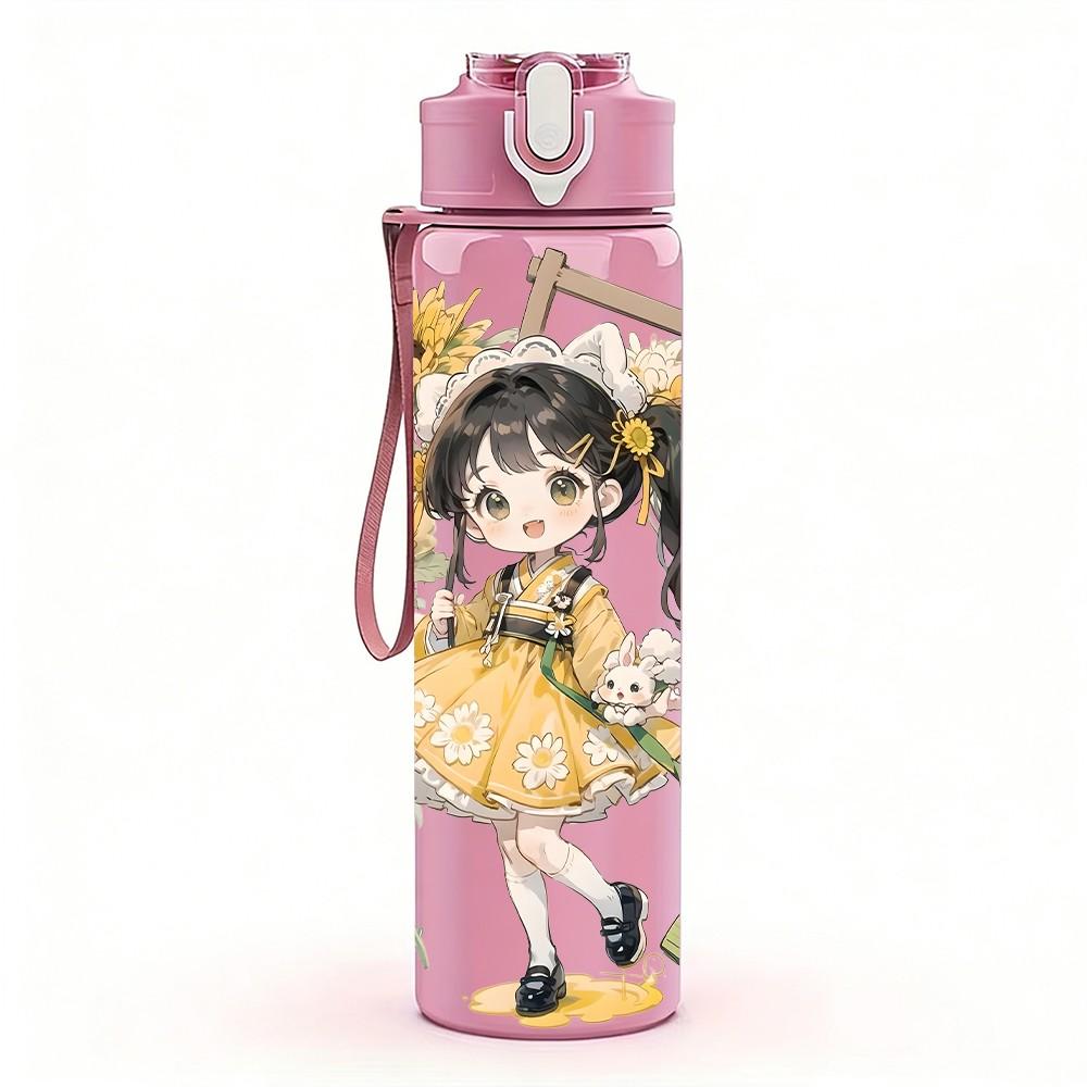 1PC Girl Holding Painting Art Board Pattern 750ml Color Plastic Sports Water Bottle Leakproof Flip Straw Lid Suitable for Sports Office Home Use