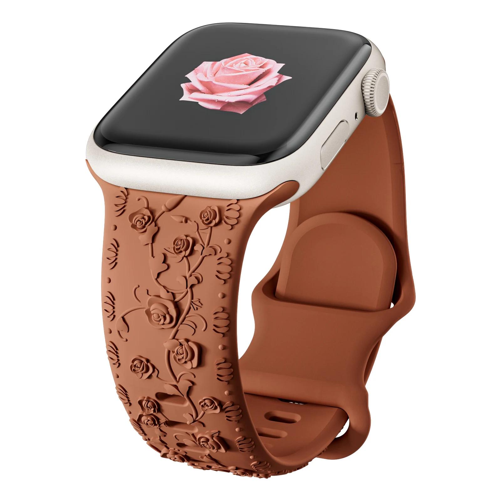 

Band for Apple watch SE 3 strap 40mm 44mm 45mm 42mm 49mm 46mm Floral Engraved bracelet correa iWatch Series 10 8 7 9 ultra 2 11 41 40 38mm 42mm-S10 коричневий