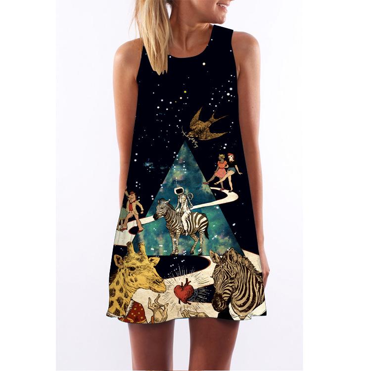European Station European and American New Retro Digital Printing Round Neck Hot-selling Off-the-shoulder Medium and Long Vest Dress