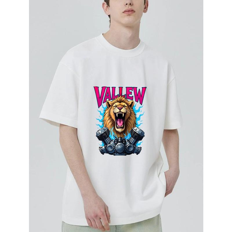 

Black T-Shirt With Lion And Engine Graphic And Valley Text For Casual Wear XXXXL
