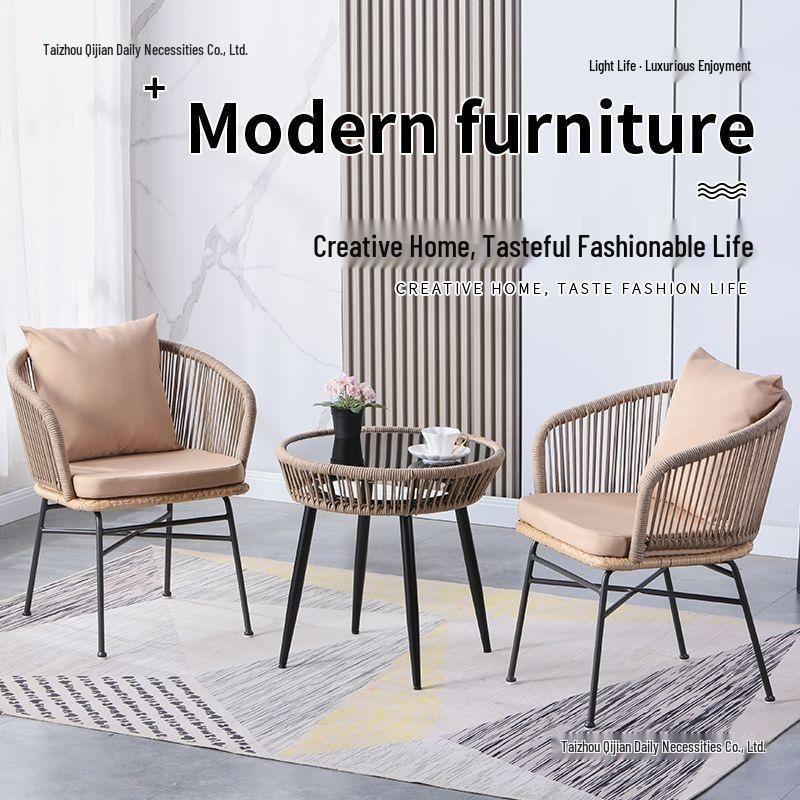 Three-Piece Rattan Chair & Table Set for Balcony or Outdoor Spaces
