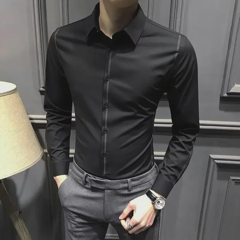 Men's Gray Slim Fit Long Sleeve Business Casual Shirt - Wrinkle-Free Korean Trend