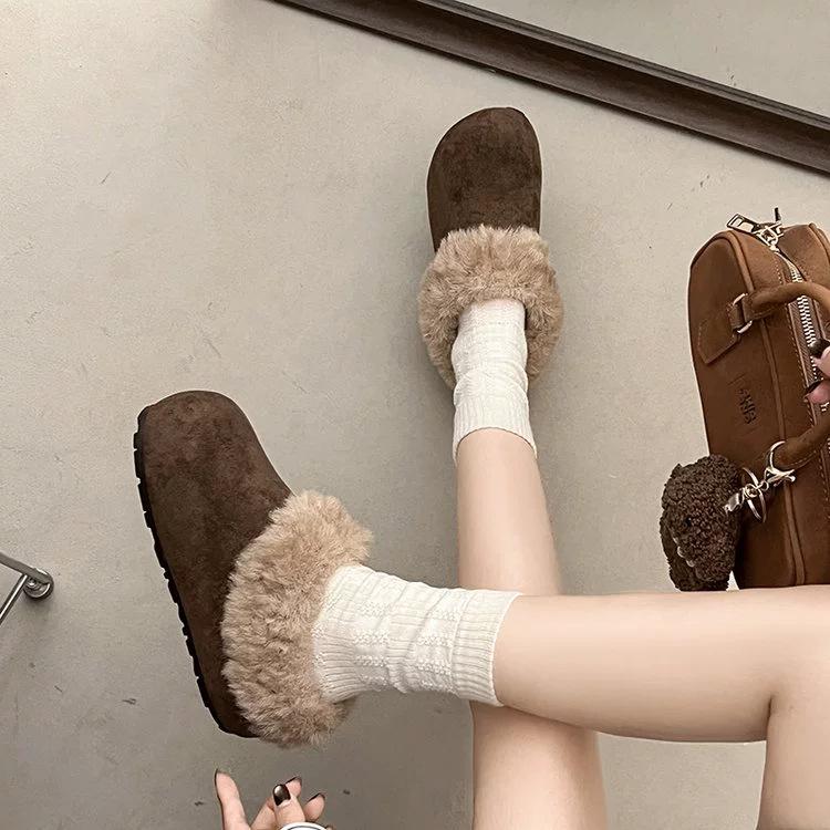 Autumn and winter cotton shoes matte new retro thick-soled lazy people wear fluffy tows with one pedal and two.