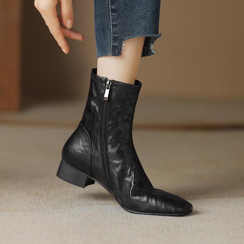 

2024 Женские Ботильоны из спилковой кожи, осенние, ретро, модные, на низком каблуке, с плиссировкой, на толстом каблуке, короткие женские весенние сапоги 35 чёрный
