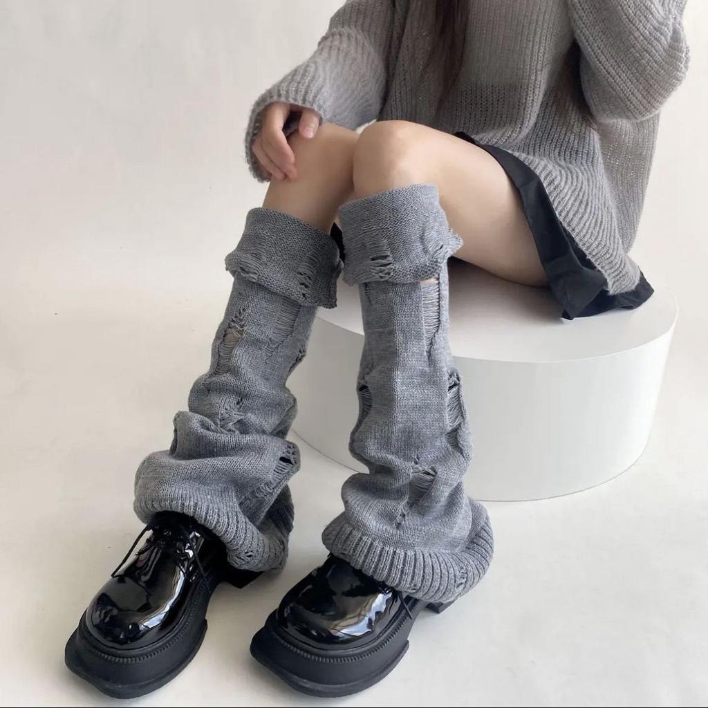 Autumn Winter Japanese Y2K Spice Girl Subculture Hole Open Cuffed Ripped Mid-calf Cute Versatile Leg Socks Covers