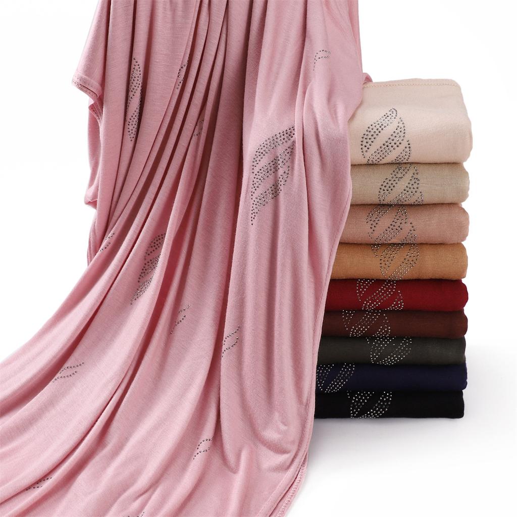 Rhinestone Floral Beads Modal Jersey Hijab Shawls Women Wrap Elastic Thick Muslim Full Cover Islam Foulards Bonnet Headband
