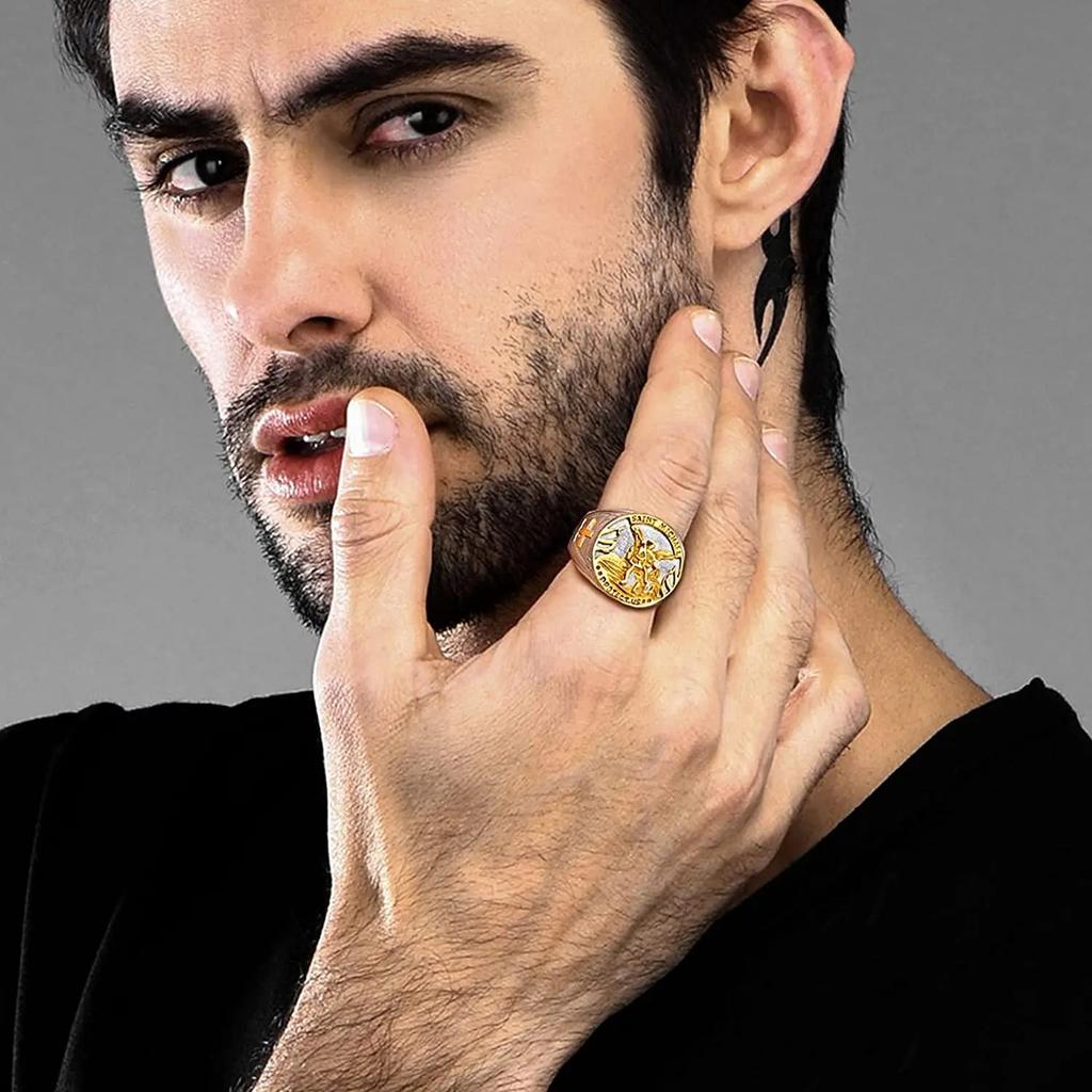Round Signet Rings for Men Woman Catholic Archangel Saint Michael Amulet Black & Gold Color Stainless Steel Jewelry Gift Ring