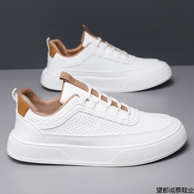 Men's Spring Leather Perforated Breathable Board Shoes Low-top Sports Shoes Soft Sole Trendy Casual Large Size Men's Shoes