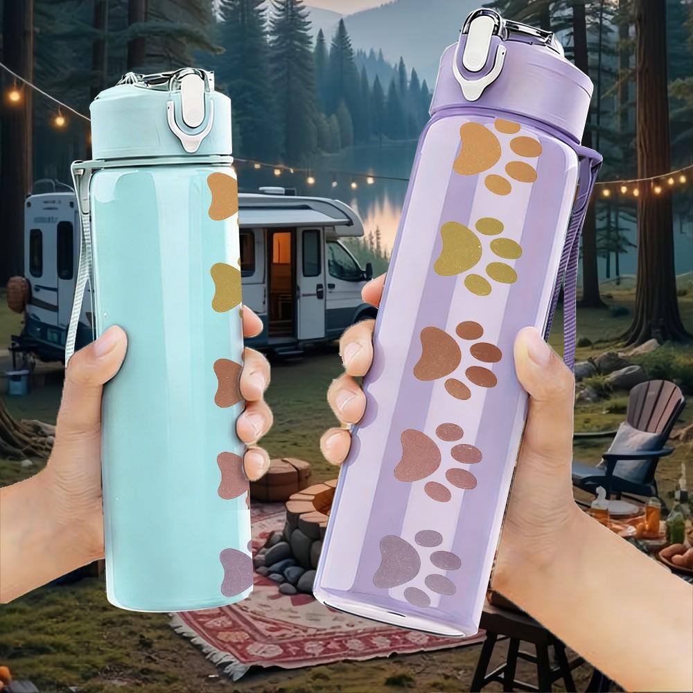 1PC Vertical Paw Print Trail 750ml Color Plastic Sports Water Bottle Leakproof Flip Straw Lid Suitable for Sports Office Home Use
