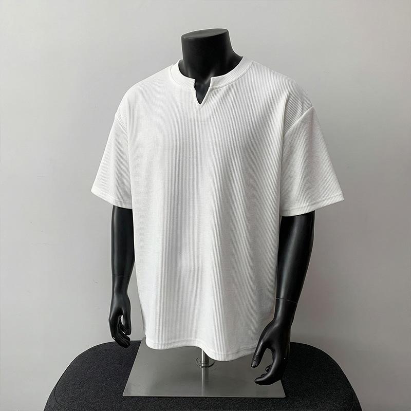 

Мужская вафельная футболка с вырезом-стойкой, коротким рукавом, повседневная, свободного кроя, летний топ M белый