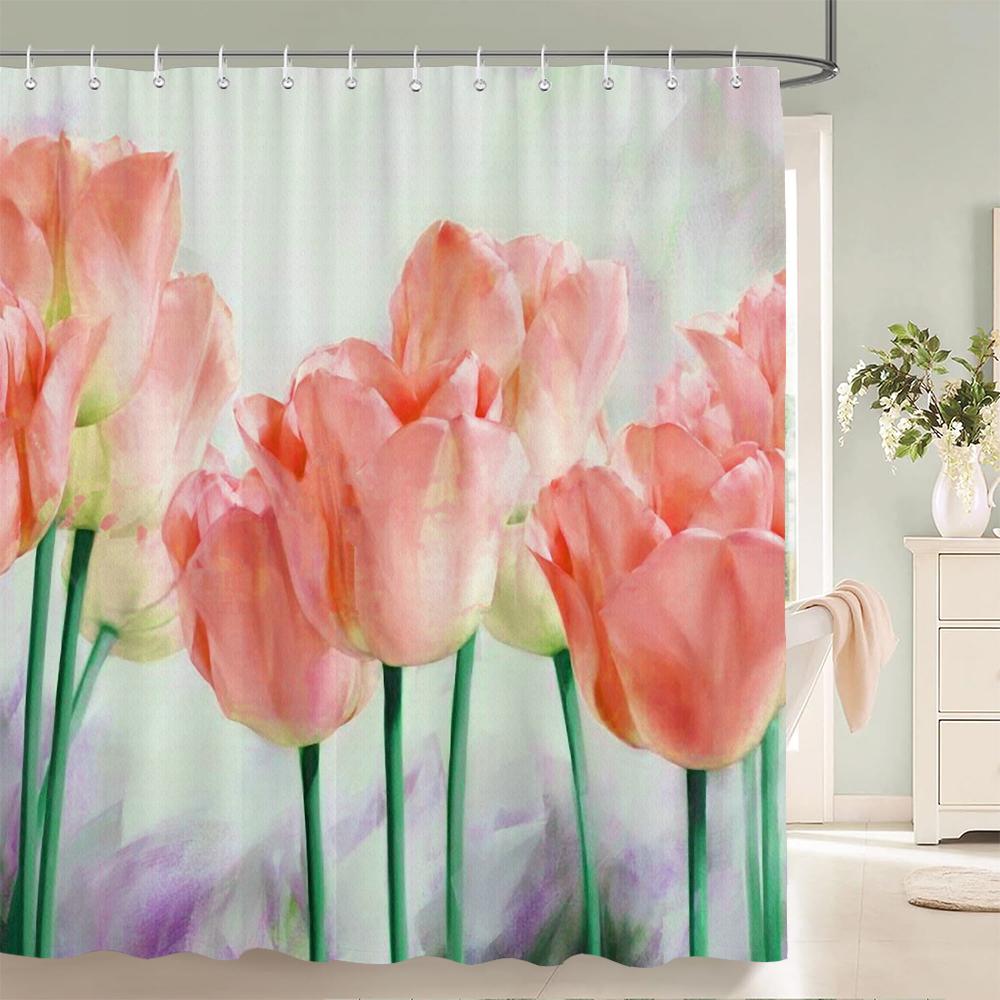 Tulip Flowers Print Shower Curtains Watercolor Boho Floral Waterproof Polyester Bathroom Bathtub Curtain Room Decor With Hooks