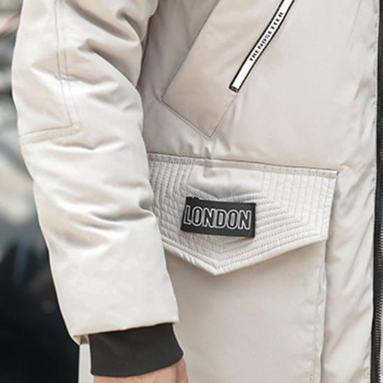 Men Down Jacket Fur Collar Hooded Long Sleeve Solid Color Winter Coat Zipper Placket