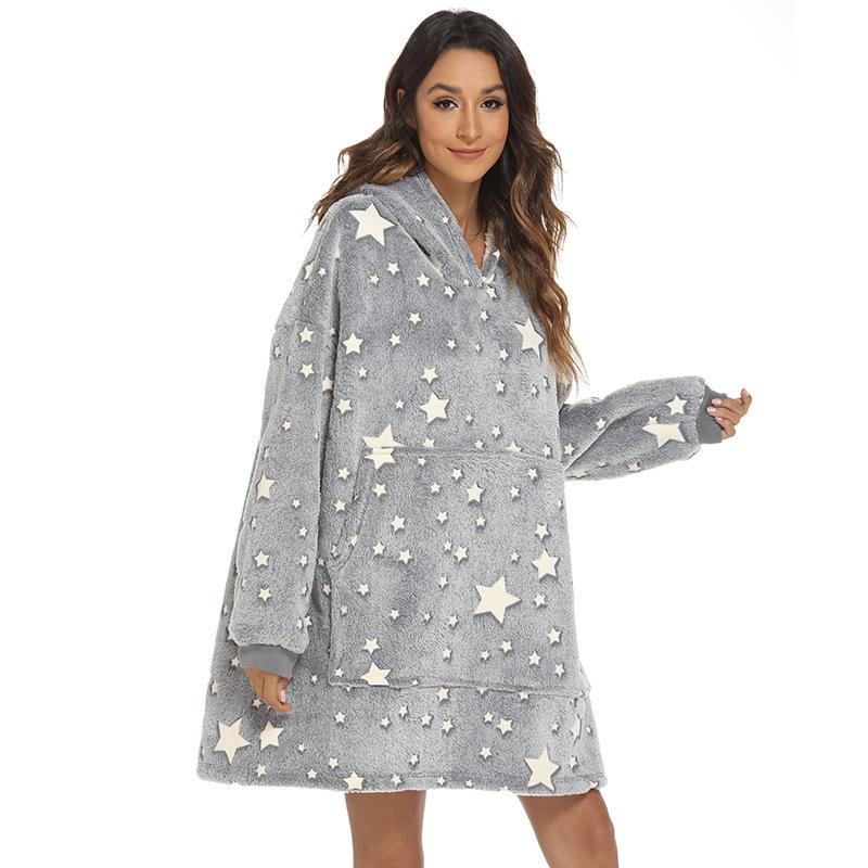 Women's Fashion Five-point Stars Glowing Robe Casual Hooded Short Flannel Loungewear