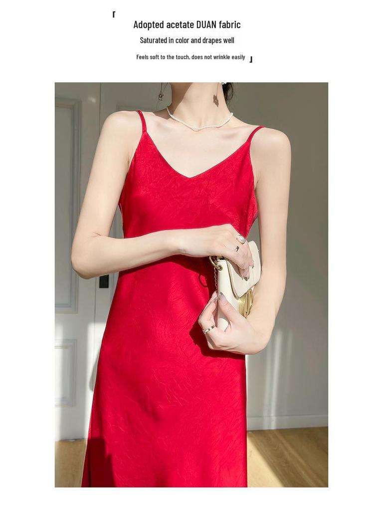 Francouzský šik Letní dámské saténové šaty na špagetová ramínka