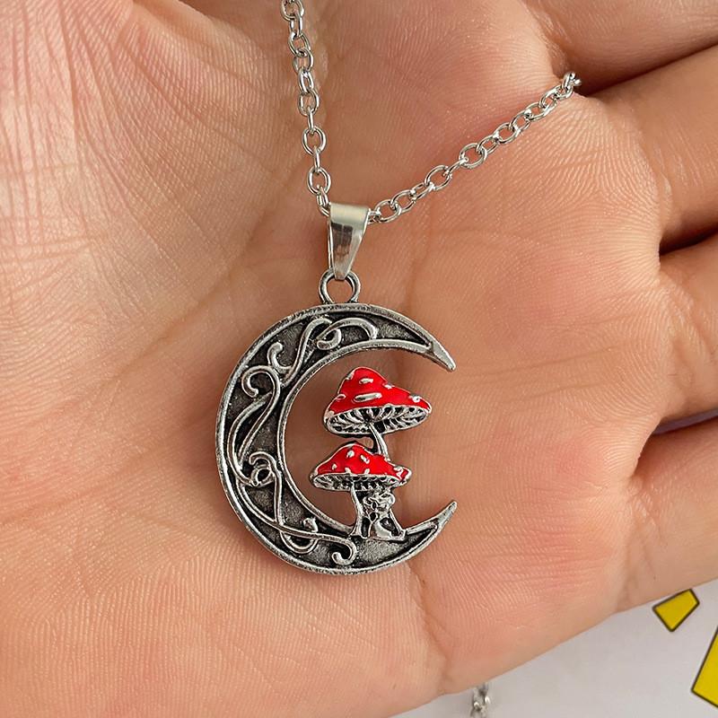 Unique Alloy Fashionable Moon And Cute Red Mushroom Pendant Necklace All For