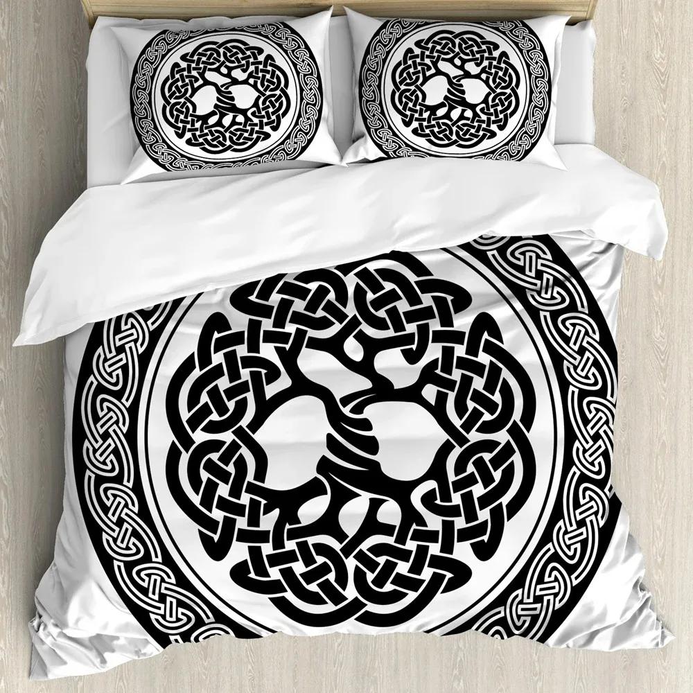 Viking Celtic Duvet Cover Set, Celtic Knot with Tridents Forest and Mountains Scandinavian Germanic Culture,Bedding Sets Decor