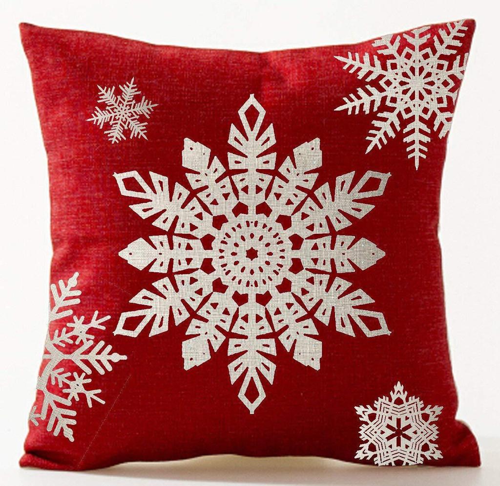 Red Plaid Sofa Linen Christmas Pillow Cover Reindeer Snowflake Home Cushion Cover