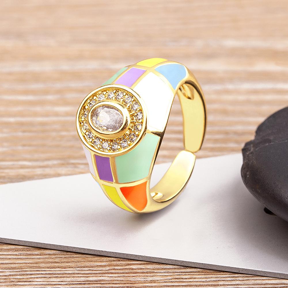 Nidin Charming Zircon Grid Stripe Oil Dripping Creative Retro Ring 7 Colors Open Adjustable Popular Jewelry Party Holiday Gift