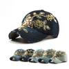 Women's Denim Baseball Cap with Handmade Rhinestone and Gold Thread Floral Embroidery Summer Sun Peaked Cap