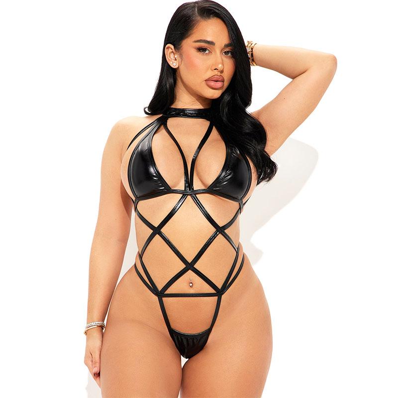Hot Sexy V-shaped Glossy Bodysuit Women Sexy Lingerie Erotic PU Leather Bikinis Porn Roleplay Outfits Fancy Underwear Sexy Set