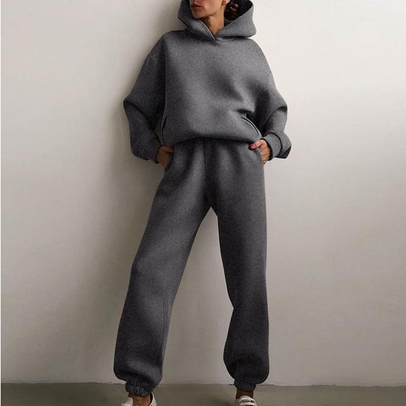 2026 Womens Solid Color Hooded Sweatshirt Jogger Pants Set Casual Two-Piece Outfit Collection