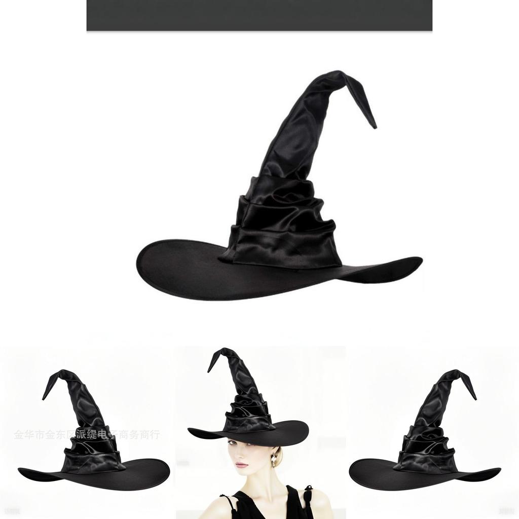Curled Brim Witch Hat With Fabric Craftwork For Halloween Dress Up Accessories