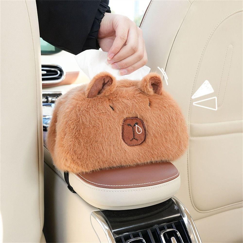 

Capybara Car Tissue Box Short Plush Plush Napkin Holder Universal Car Tissue Holder Armrest Box коричневий