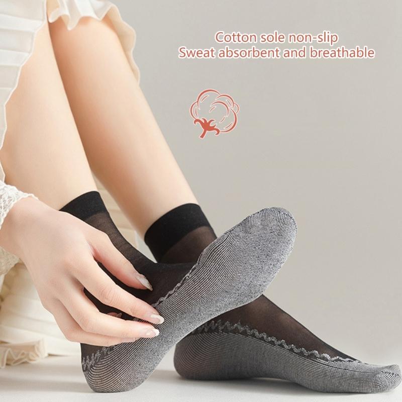 10 Pairs Women Slip-Resistant Cotton Soles Transparent Medium Tube Silk Socks