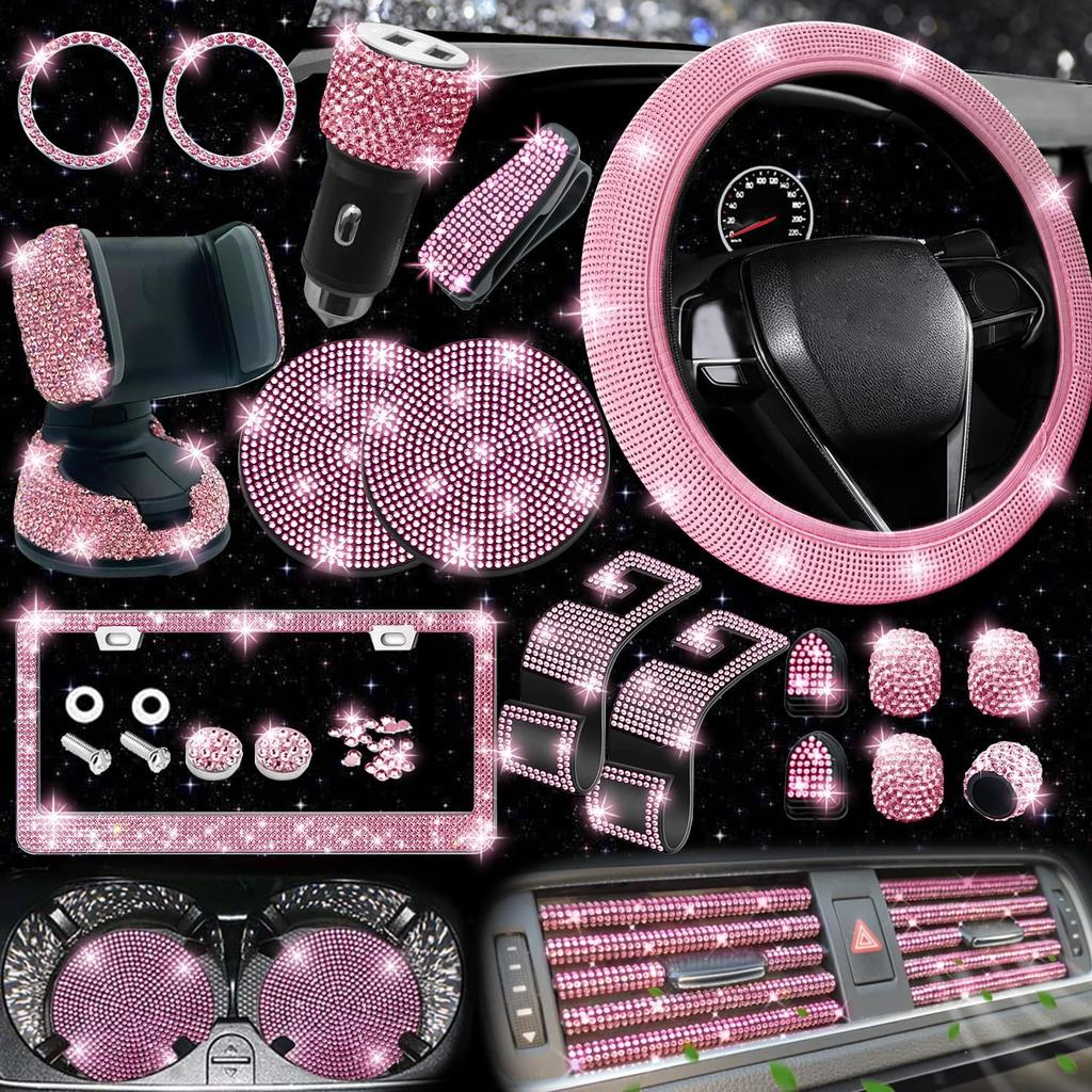 NBTEPEM 27-Piece Bling Car Accessories Set - Universal Fit Steering Wheel Covers, License Plate Frames, Phone Holder, Car Fast Charger, Coasters