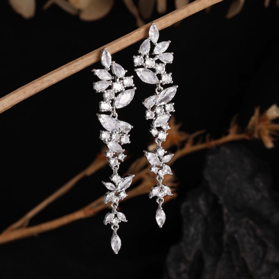 ZAKOL Exquisite White Gold Color Leaf Long Dangle Earrings for Women Fashion Cubic Zironia Bridal Earring Wedding Jewelry