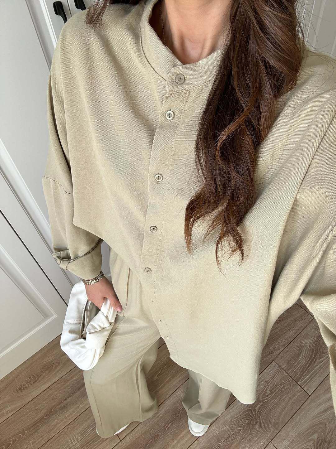 

2025 Summer Slimming Short-Sleeve Button Top & Wide-Leg Pants Set L вершковий/білий