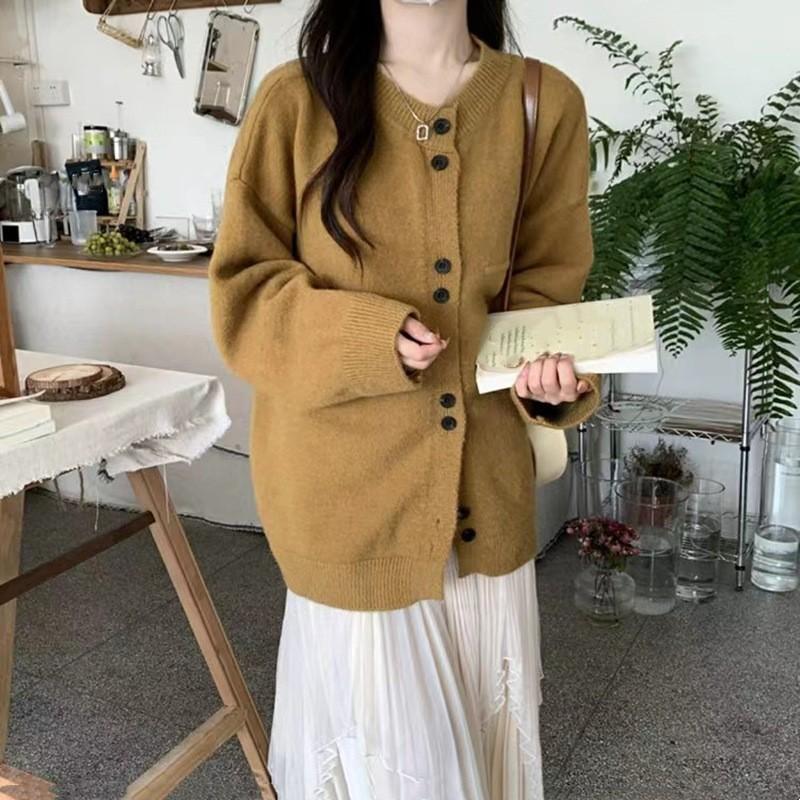 Gray loose lazy wind knitted cardigan women's spring and autumn soft waxy sweater jacket design top