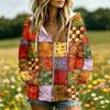 Damen Retro-Print Kapuzenjacke Langarm mit und Taschen für Freizeitkleidung
