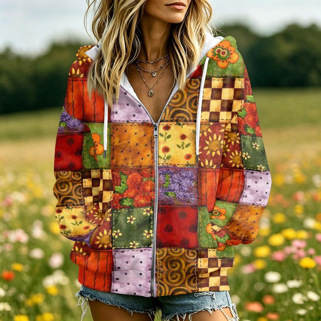 Damen Retro-Print Kapuzenjacke Langarm mit und Taschen für Freizeitkleidung