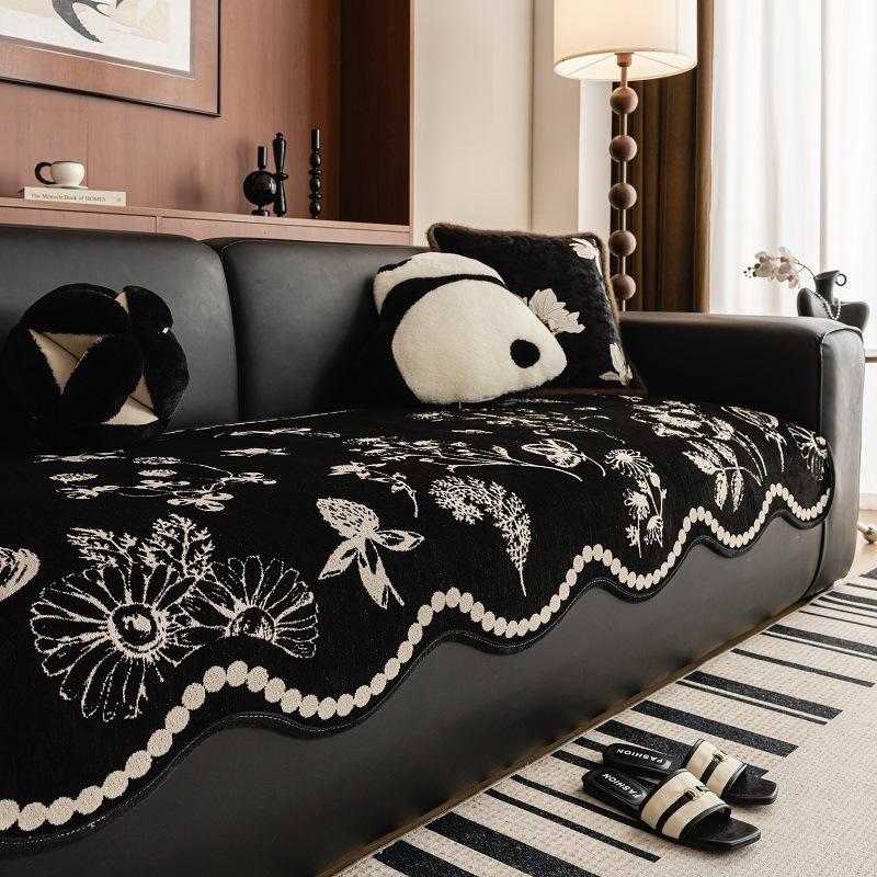 

New Flower Sofa Cushion Chenier Four Seasons Universal Non-Slip Sofa Cushion Cover Wave Hem 90*70cm чёрный