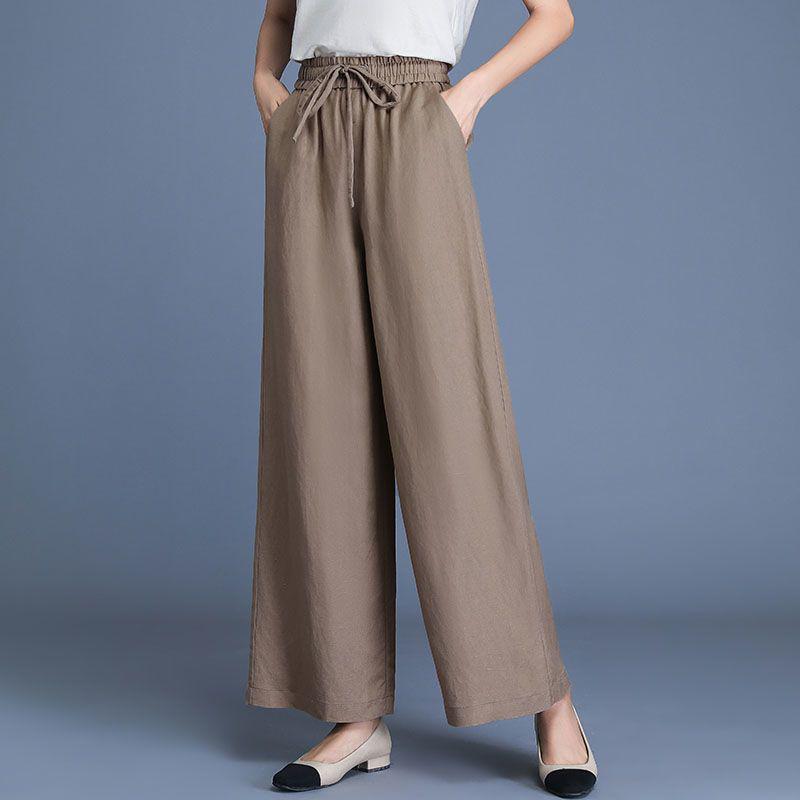 Ice Silk Cotton Linen High-Waist Wide-Leg Cropped Pants - Casual Loose Summer Style for Women
