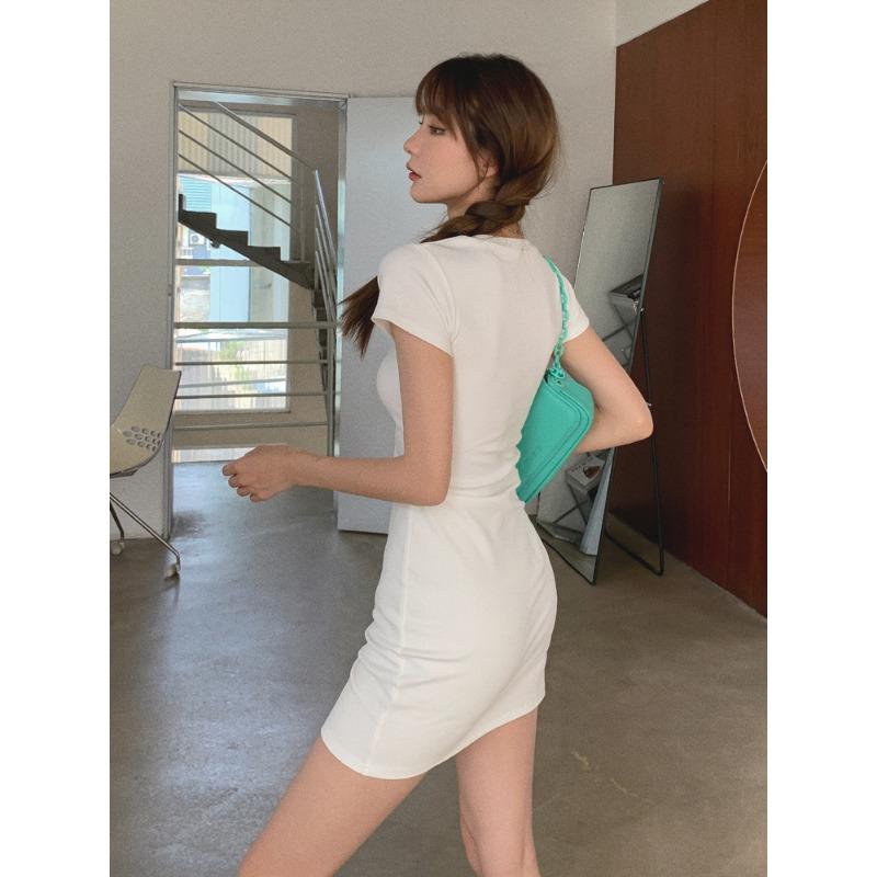 Summer U-neck Short Sleeve Dress for Women New Fashion Elegant High Waist Thin Casual Bodycon Dresses Female Solid Color Simple Party Short Dress 3595