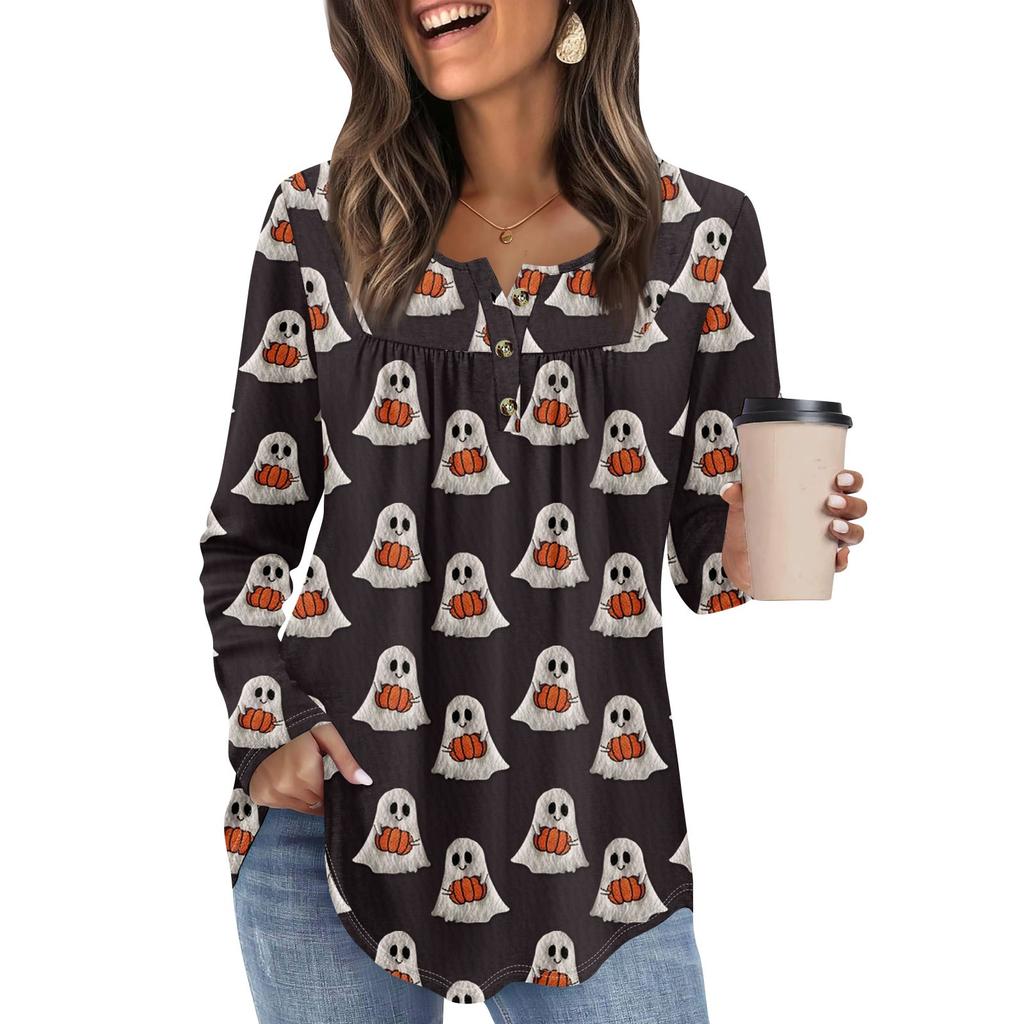 Dame Langermet Tunika Løse Topper Casual Oversized Topper Plissert Tunika Knapper Ned Casual Dame Print Topper