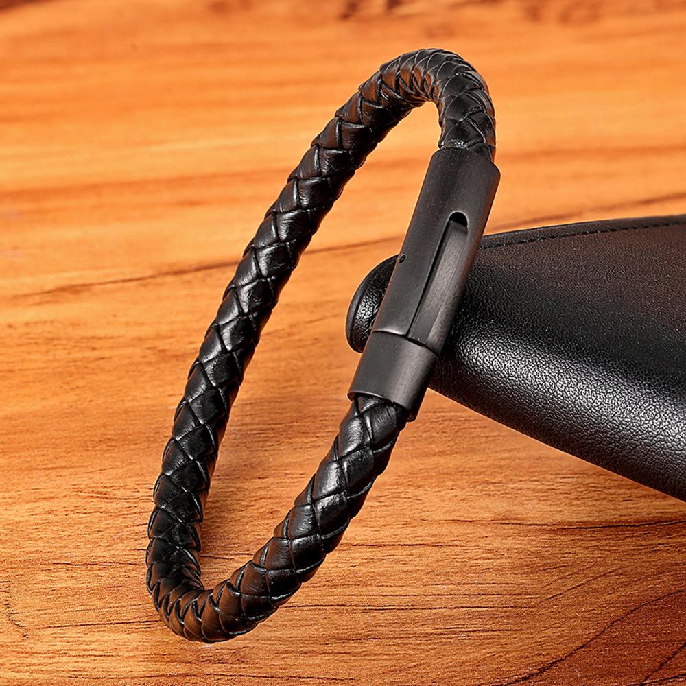 New Classic Style Men Leather Bracelet Simple Black Stainless Steel Button Neutral Accessories Hand-woven Jewelry Gifts
