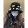 Cute Star Rabbit Plush Bucket Hat Girls Autumn and Winter Warm Plain Hat Sweet Washbasin Hat