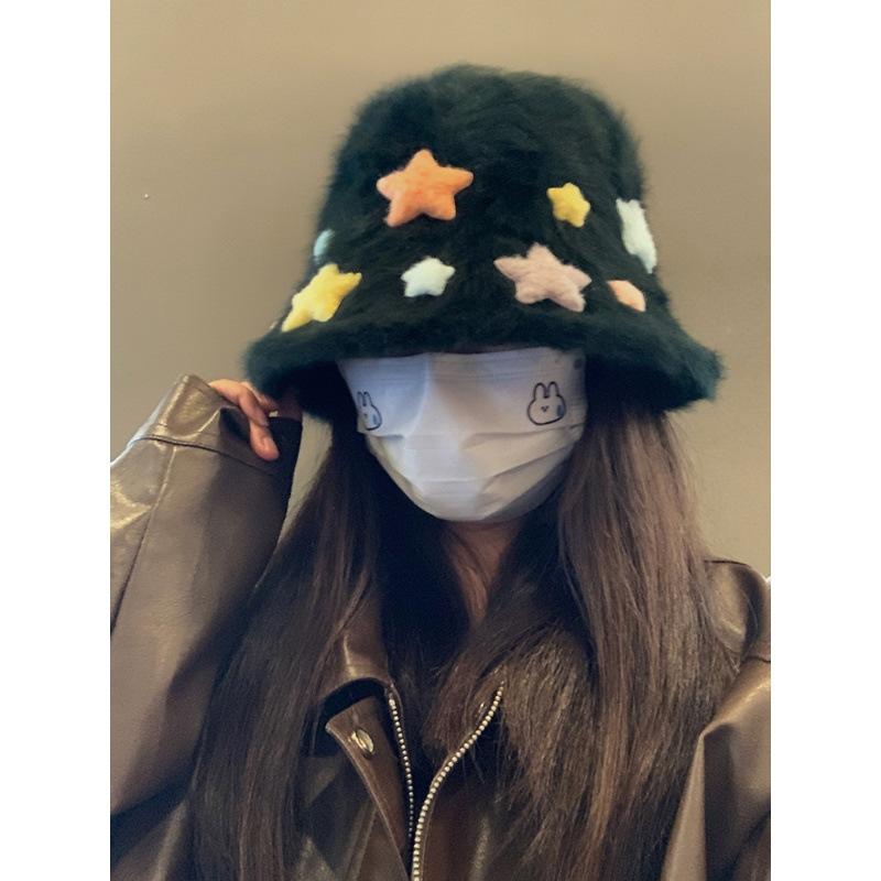 Cute Star Rabbit Plush Bucket Hat Girls Autumn and Winter Warm Plain Hat Sweet Washbasin Hat