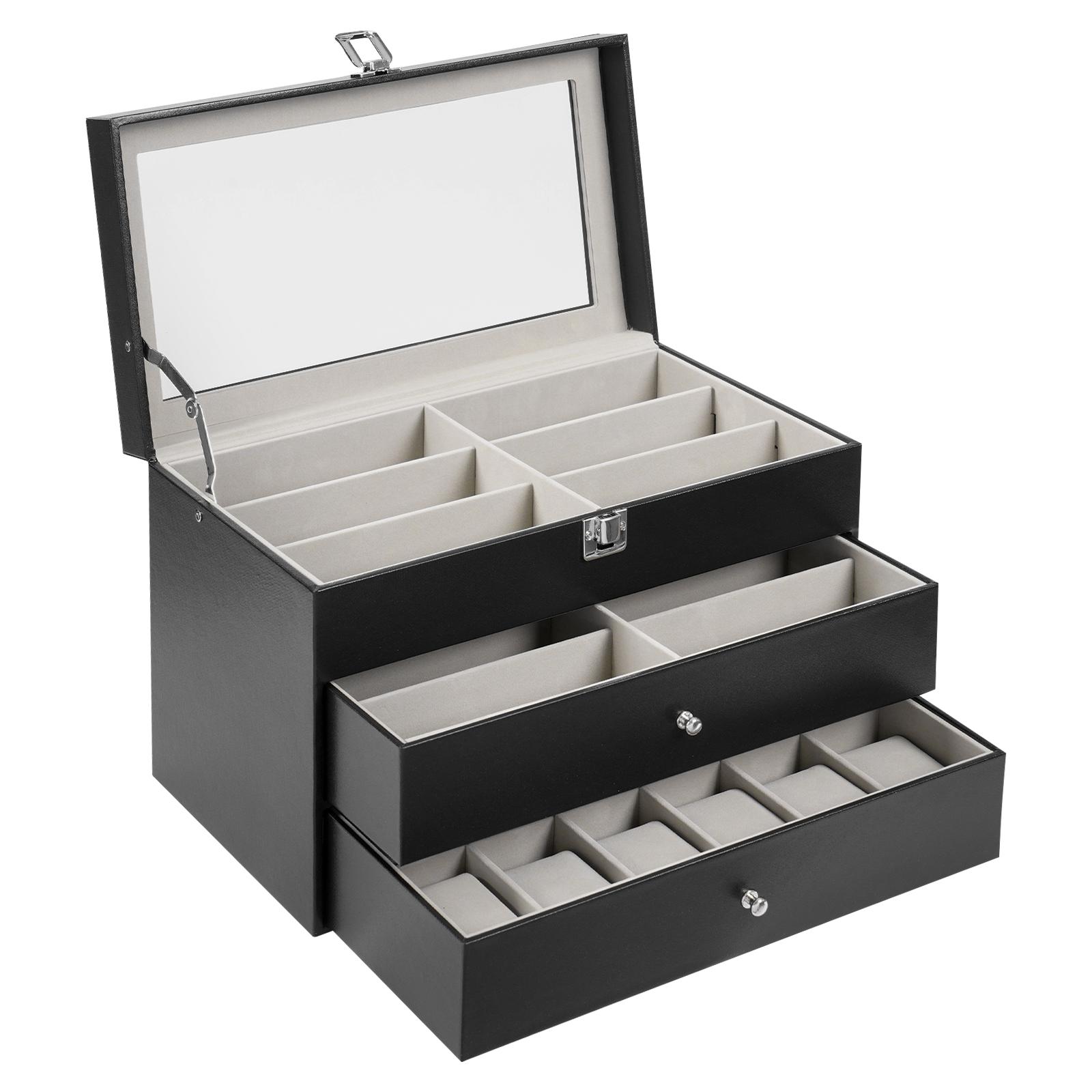 

3-ярусная коробка-витрина для часов и очков большой вместимости со стеклянной крышкой, подходит для хранения очков, часов, ювелирных изделий, колец 12 slots чёрный