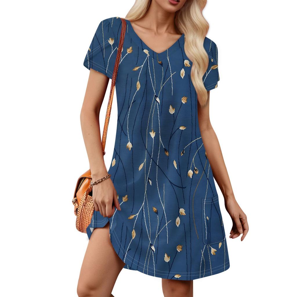 Women's Petal Short Sleeve V Neck Loose Floral Print Swing Sundress With Pockets